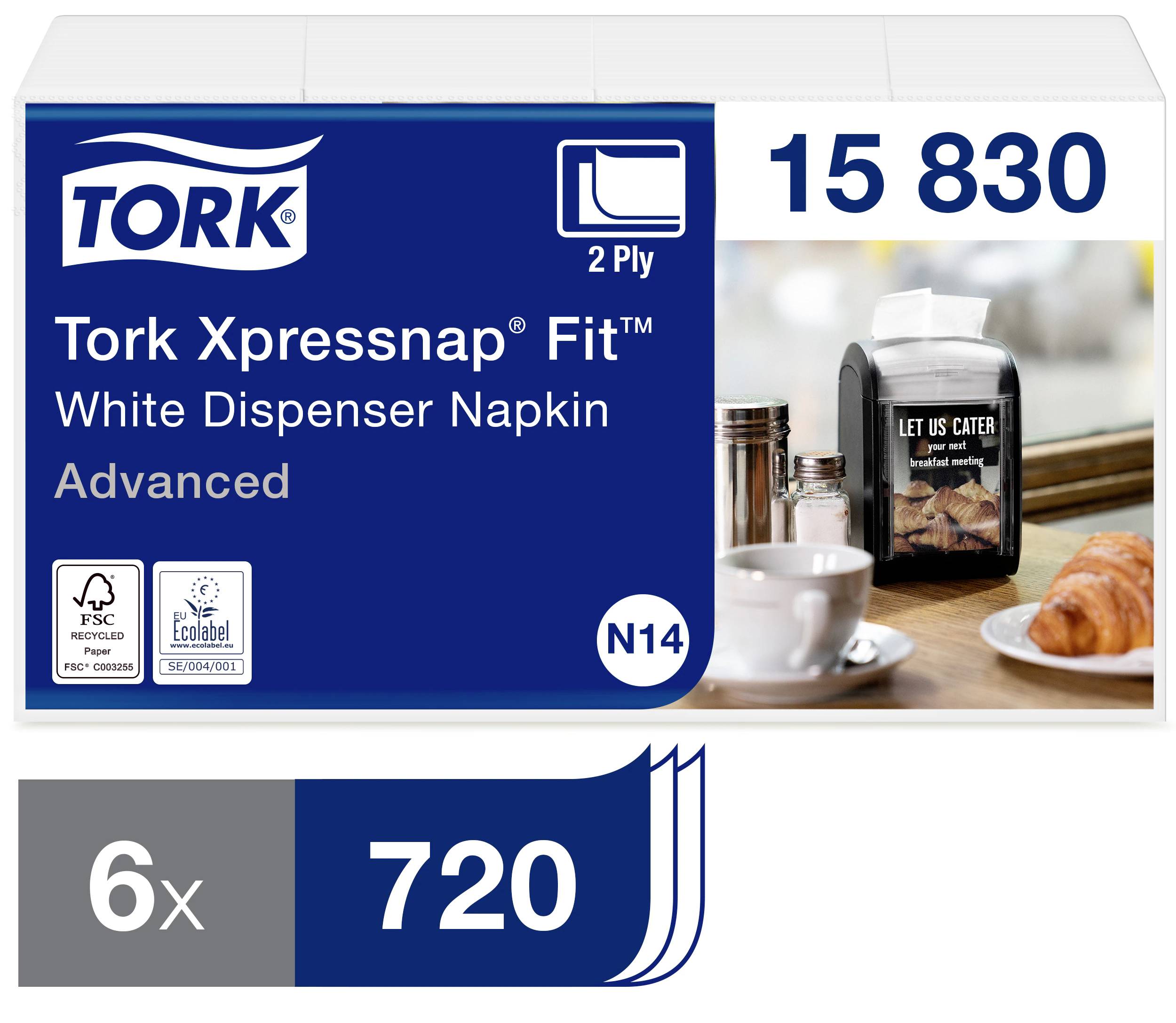 'Confezione di un tovagliolo Tork Xpressnap Fit, bianco, a 2 veli, 15.830 pezzi. Raffigurato accanto a caffè e croissant. Certificato FSC.'