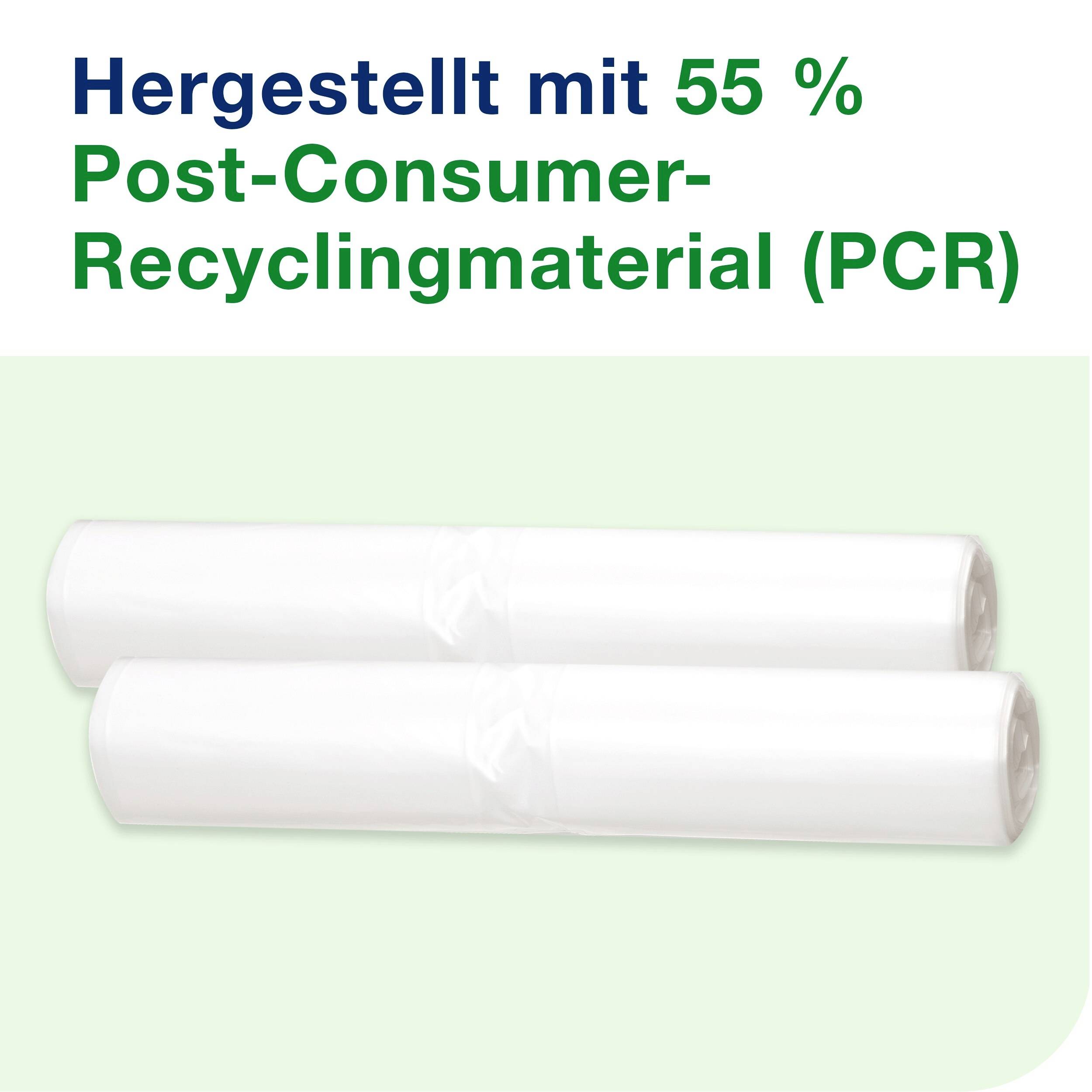 Due sacchetti bianchi arrotolati su sfondo verde chiaro. Testo sopra: 'Realizzato con il 55% di materiale riciclato post-consumo (PCR)'.