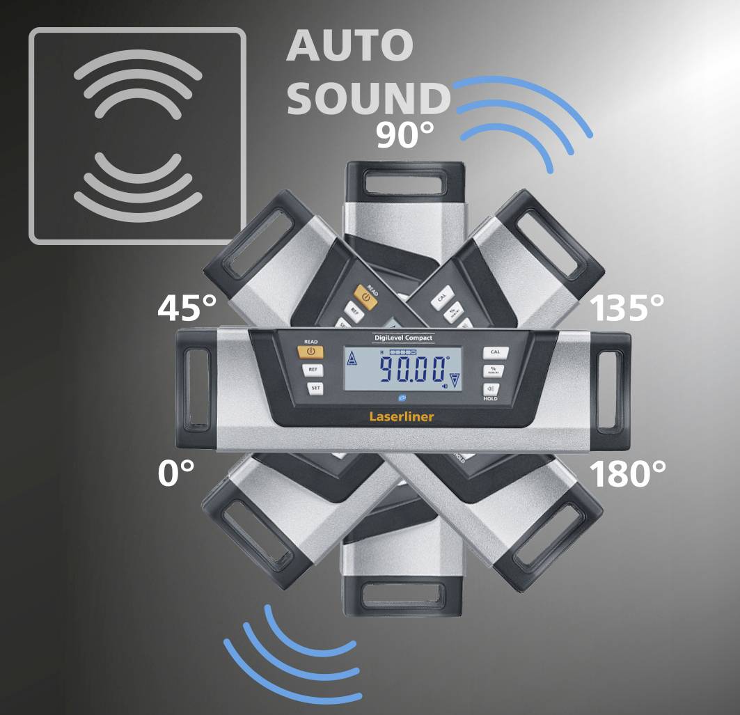 Dispositivo elettronico di inclinazione con funzione Auto-Sound, che mostra l'angolo di inclinazione di 0°, 45°, 90°, 135° e 180° su display digitale.