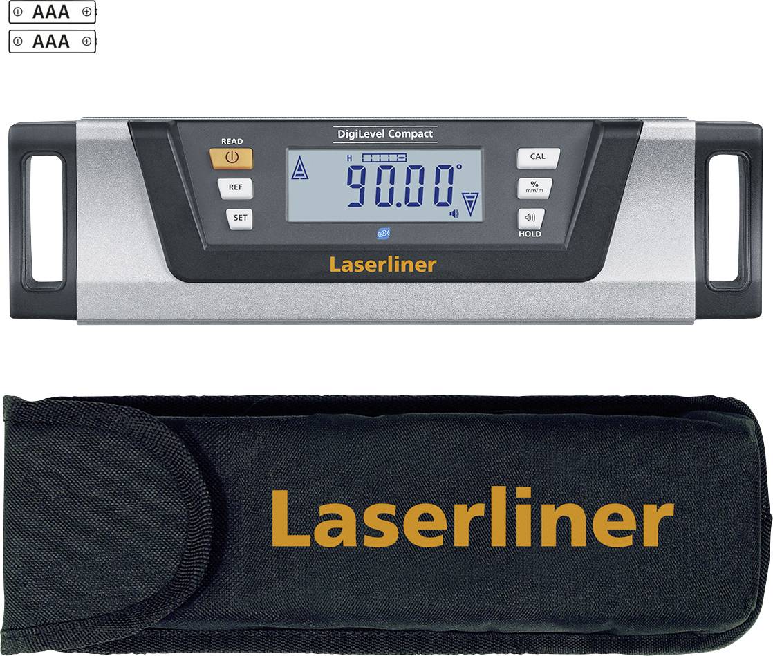 Livella digitale 'Laserliner DigiLevel Compact' con display LCD per misurazioni angolari precise, inclusa custodia da trasporto. Richiede due batterie AAA.