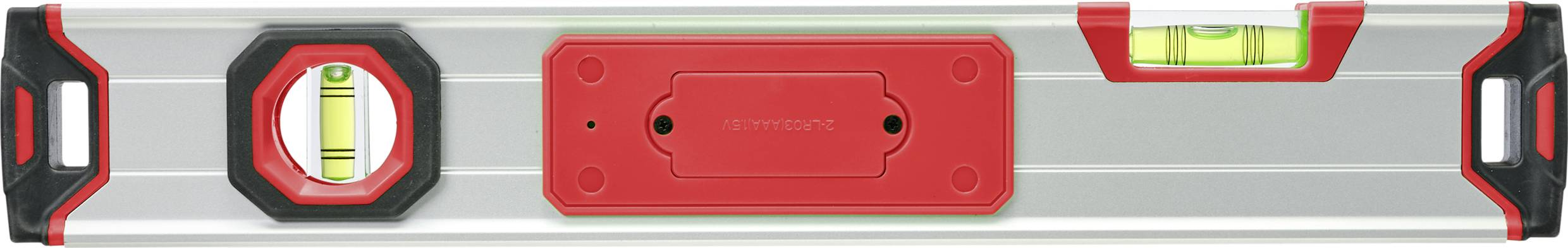 Livella a bolla con tre bolle per il livellamento di superfici, design rosso-argento.
