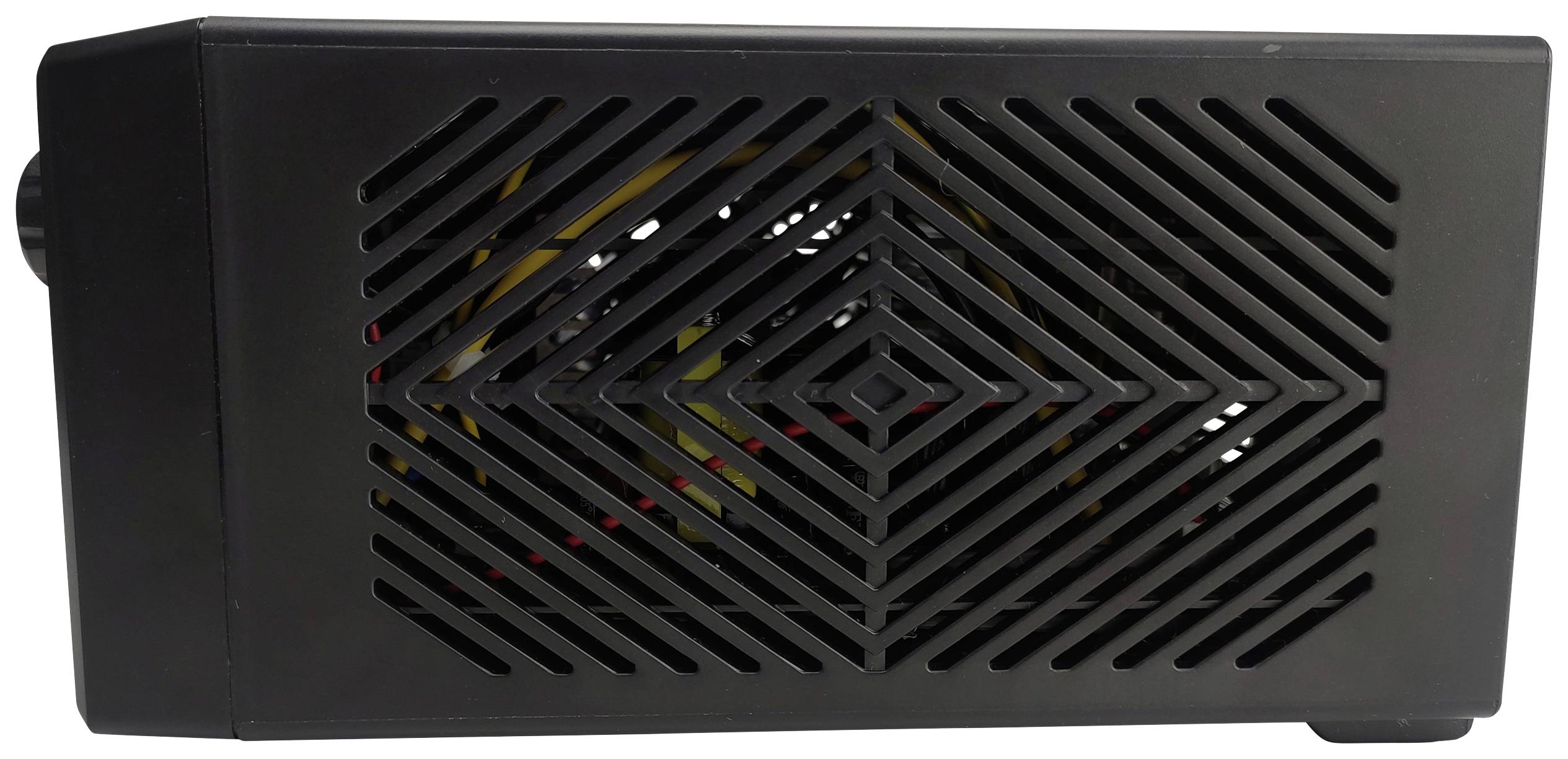 Custodia nera rettangolare con griglia su un lato che rende parzialmente visibile una struttura o un componente interno.