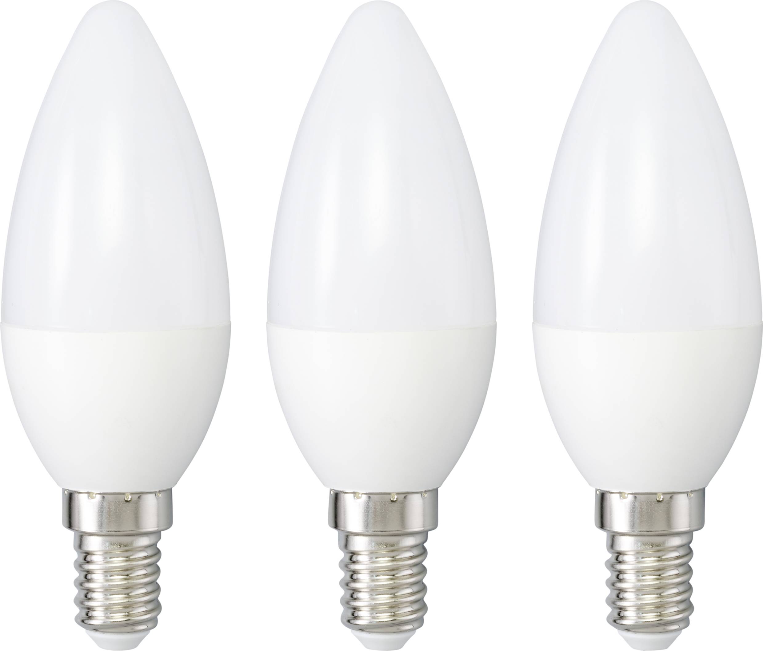 Tre lampadine LED bianche con attacco a vite E14, in piedi una accanto all'altra. Ideali per soluzioni di illuminazione a risparmio energetico.