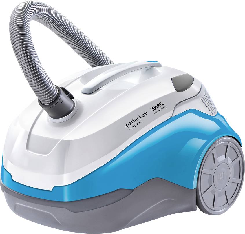 Un piccolo aspirapolvere bianco e blu con tubo grigio, montato su ruote grandi, dal design moderno.