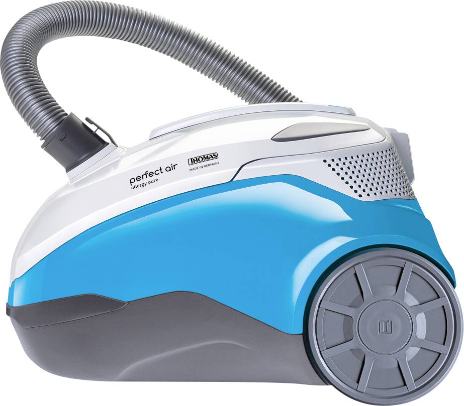 Aspirapolvere blu e bianco con ruota grande e tubo flessibile, modello 'Perfect Air', vista laterale.