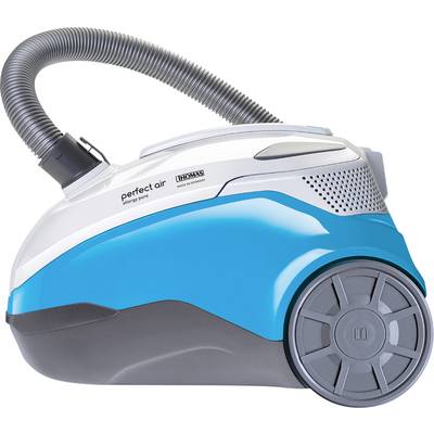 Aspirapolvere blu e bianco con ruota grande e tubo flessibile, modello 'Perfect Air', vista laterale.