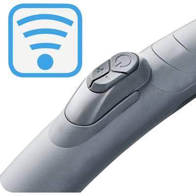 Un telecomando grigio con tasti più e meno, accanto a un simbolo di trasmissione wireless.