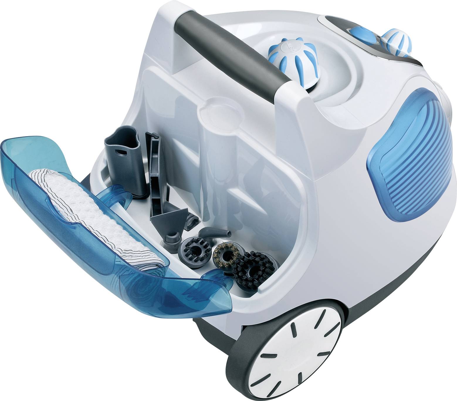 Aspirapolvere bianco, ovale, con accenti blu e vani per gli accessori, riempiti con vari ugelli e spazzole intercambiabili.