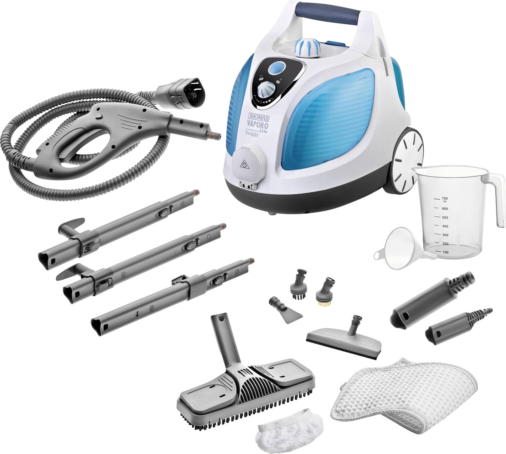 Set di pulizia a vapore con diversi accessori, tubi, una caraffa graduata e un panno in microfibra, progettato per una pulizia versatile.
