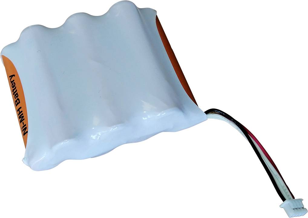 Pacco batteria con celle bianche e spinotto per cavi, etichettato con 'Batteria NiMH'.