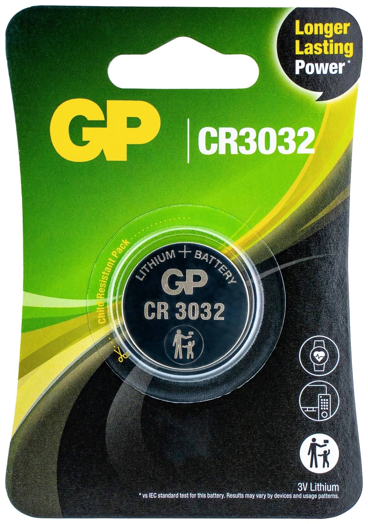 'GP CR3032 Batteria al Litio' sulla confezione, con indicazioni di lunga durata e Litio 3V. Adatta per vari dispositivi.