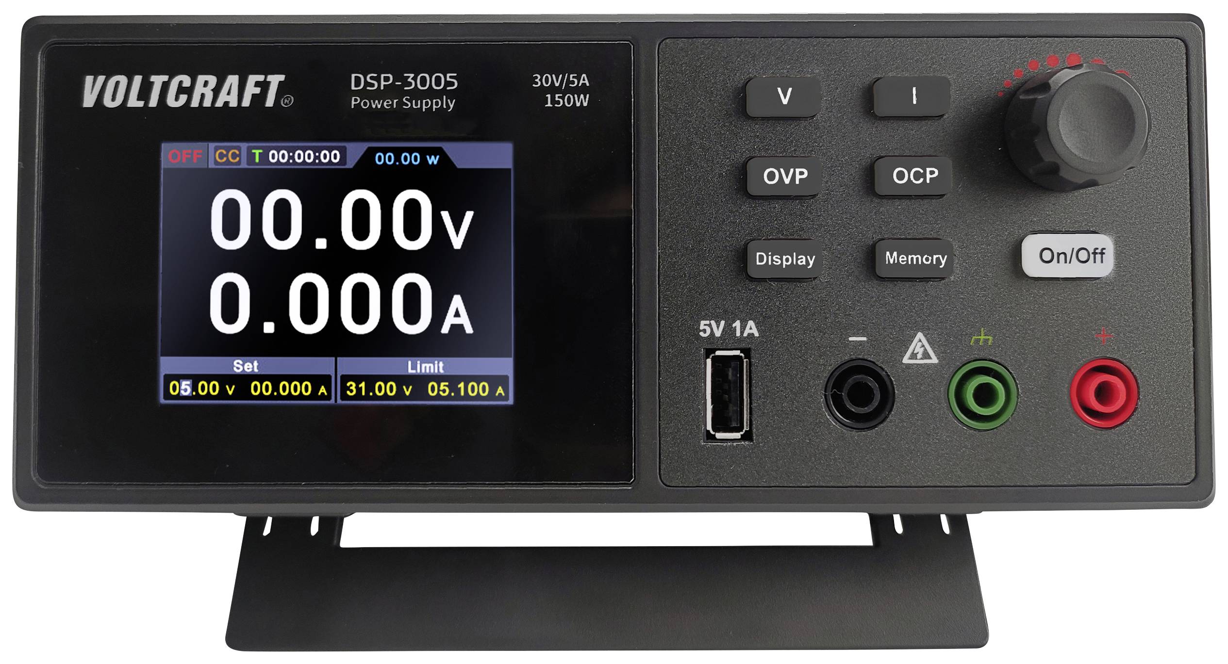 Alimentatore da laboratorio con display che mostra '0,00V' e '0,000A'. Comandi visibili per tensione, intensità di corrente e interruttore di accensione/spegnimento.