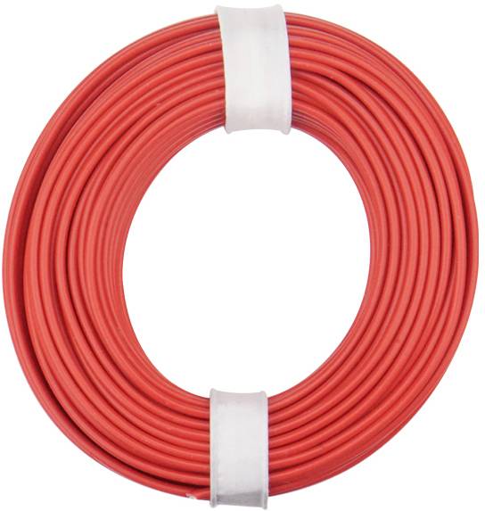 Un rotolo di cavo rosso, avvolto ordinatamente, fissato con due nastri bianchi.