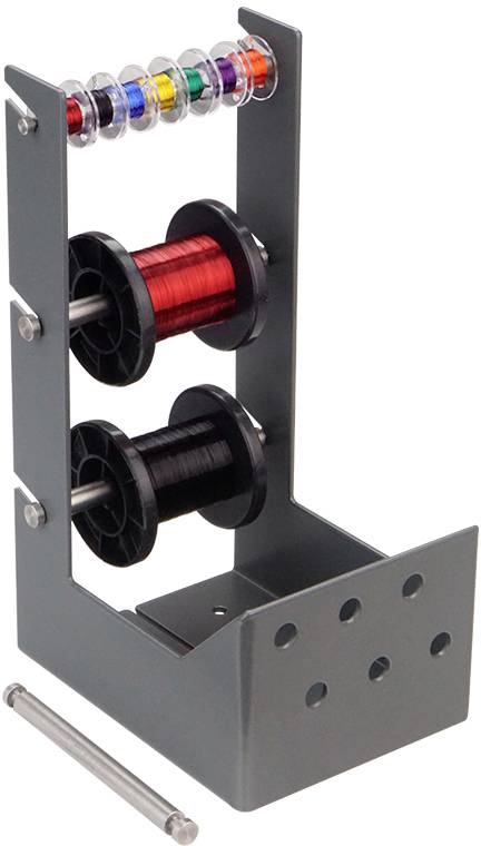 Un supporto metallico grigio per bobine di filo, dotato di due grandi fili rosso e nero e sei piccoli fili colorati in cima.