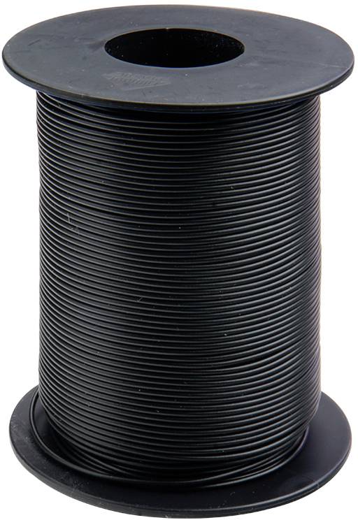 Una grande bobina nera con un filo lungo avvolto uniformemente. È in posizione verticale su una superficie piana.