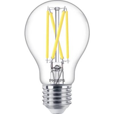 Una lampadina LED trasparente con filamenti visibili e attacco in metallo, contrassegnata 'Philips', illumina in modo ecologico.