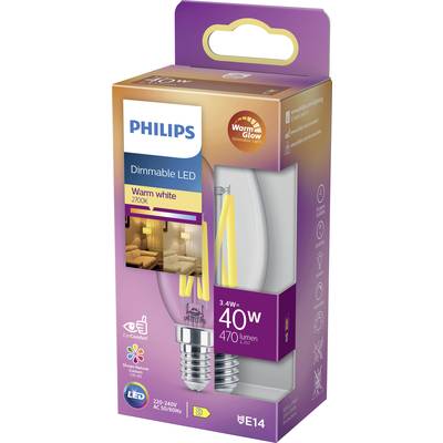 Confezione di lampadina alogena Philips con indicazioni: 'LED dimmerabile', 'Bianco caldo 2700K', '3,4W = 40W', 'E14', '470 Lumen'.