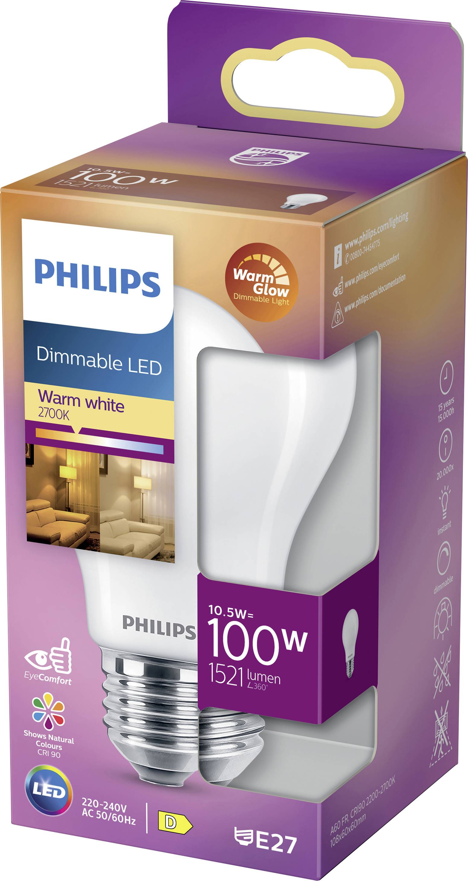 Lampadina LED dimmerabile Philips, luce calda, 10,5 W, 1521 lumen, equivalente a 100 W. Attacco E27, confezione in viola e arancione.