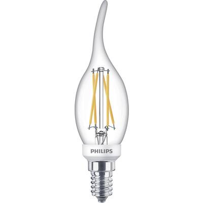 Lampada a candela LED a forma di fiamma di Philips con copertura in vetro trasparente. Ha un attacco a vite E14 e presenta filamenti interni.