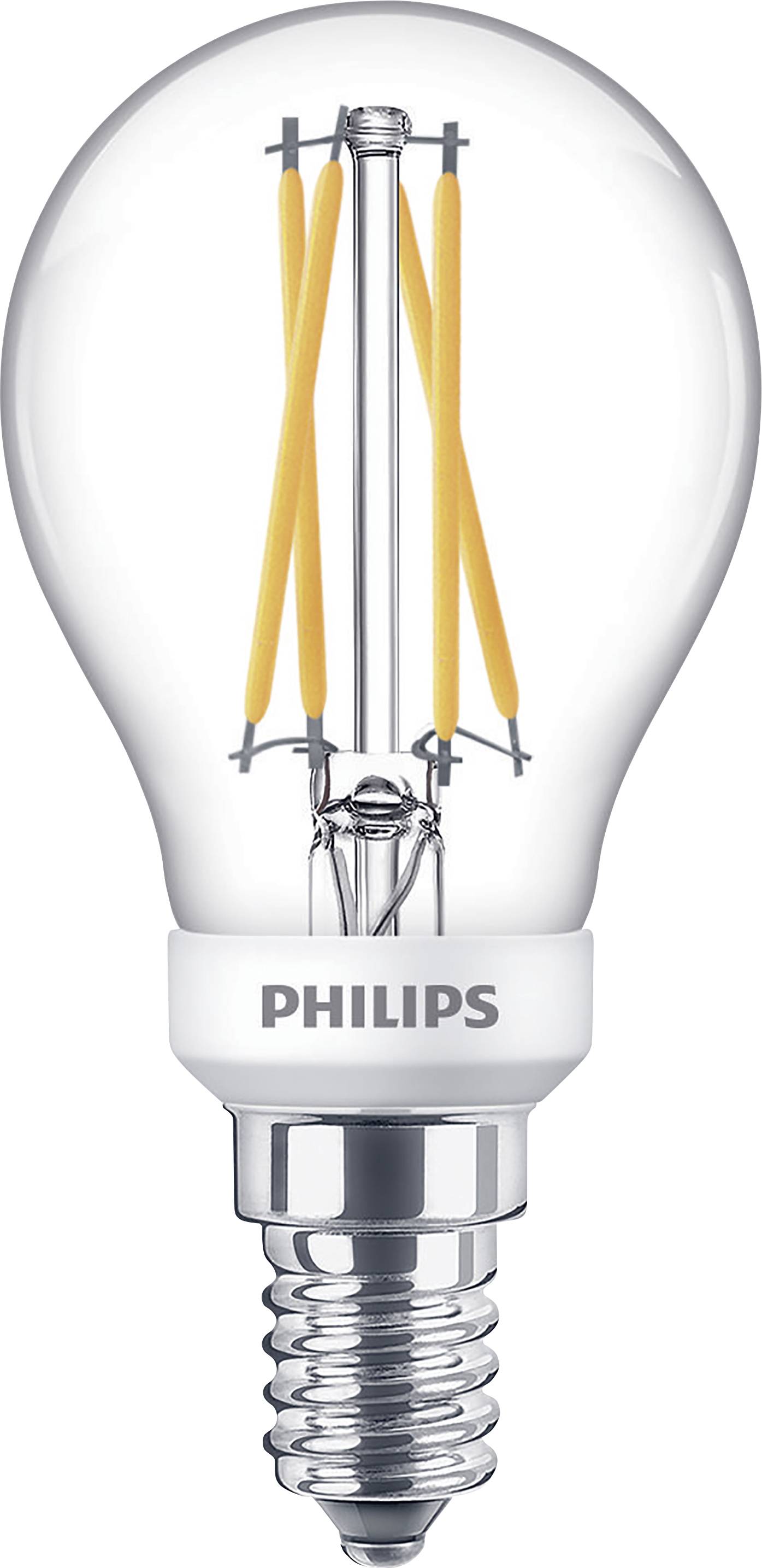 Una lampadina LED Philips trasparente con filamenti visibili e attacco E14, adatta per un'illuminazione efficiente.
