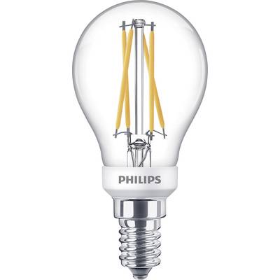 Una lampadina LED Philips trasparente con filamenti visibili e attacco E14, adatta per un'illuminazione efficiente.