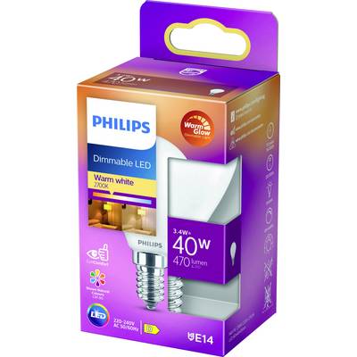 Confezione di una lampadina LED Philips dimmerabile, luce calda, 40 Watt, 470 lumen, attacco E14. Include tecnologie WarmGlow e EyeComfort.