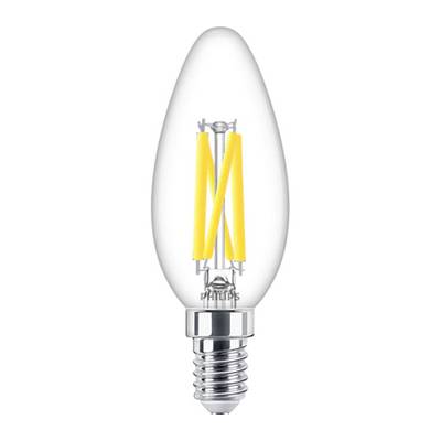 Una lampadina LED a filamento chiara a forma di candela con un attacco argentato.