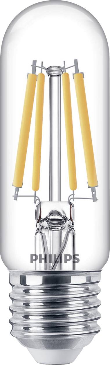 Una lampadina LED con filamenti visibili e attacco metallico, marca 'Philips'.