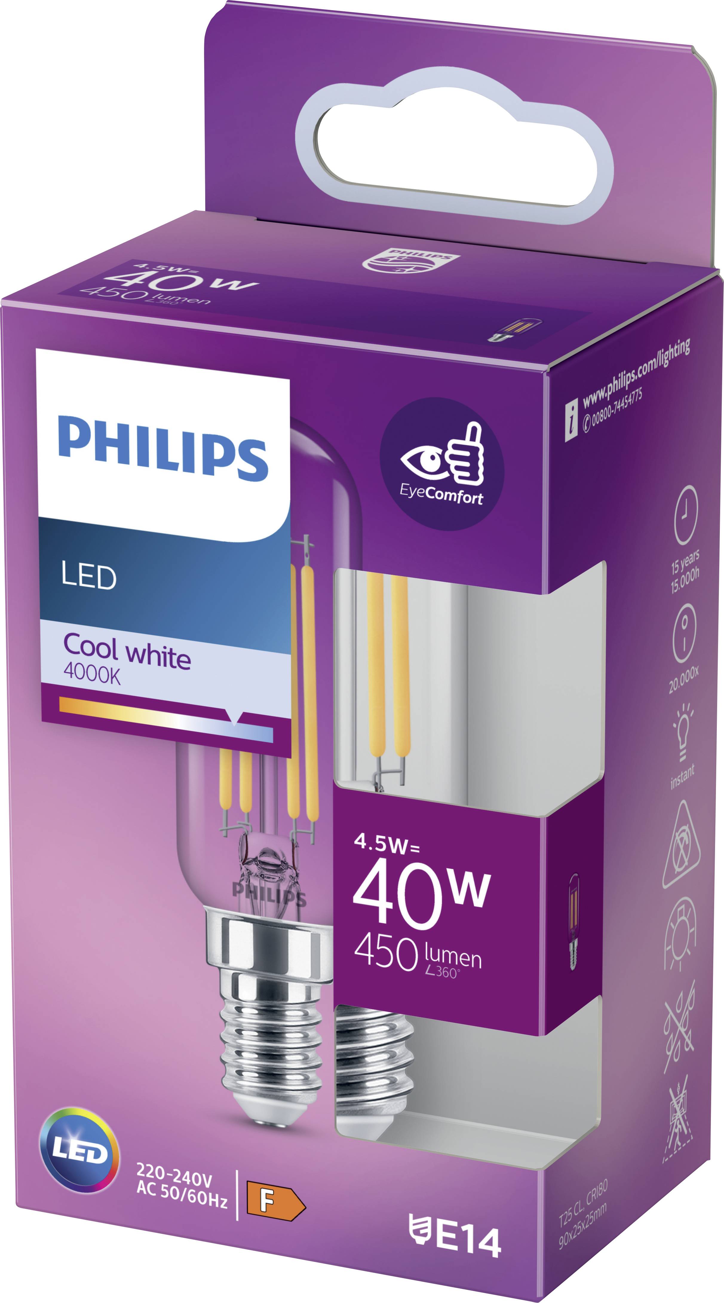 La confezione di una lampadina LED Philips mostra una lampada da 4,5W, 450 lumen, con luce bianca fredda (4000K) e attacco E14.
