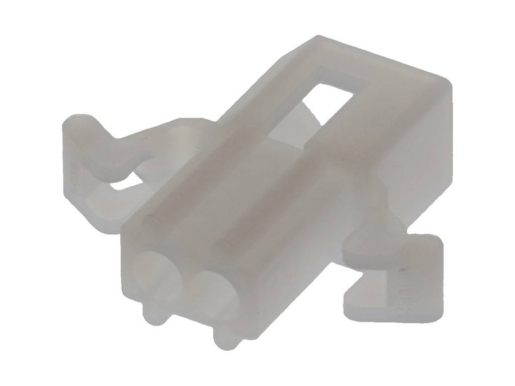 Spina in plastica bianca con due prese e clip laterali di fissaggio. Utilizzata in connessioni elettroniche.