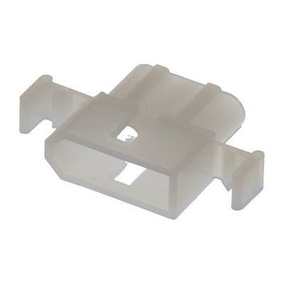 Un tappo trasparente in plastica, di forma rettangolare, con due chiavistelli laterali.