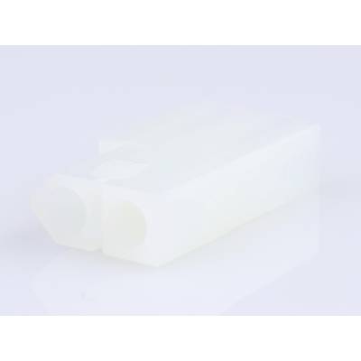 Un connettore bianco in plastica con due aperture rettangolari su una superficie riflettente.