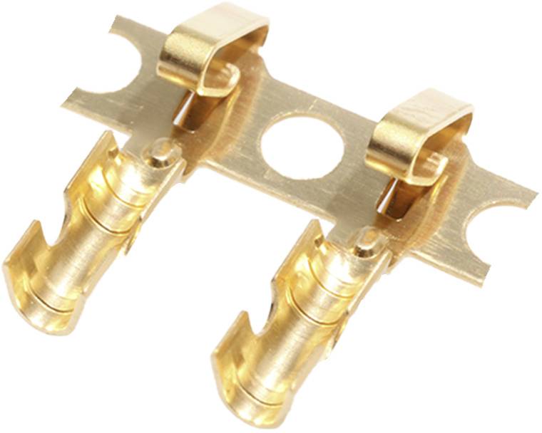 Due contatti elettrici dorati su una striscia metallica, utilizzati per connettere cavi o percorsi conduttori.