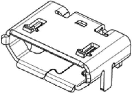 Disegno di un connettore Mikrob. Forma rettangolare con due superfici di contatto laterali e linguette di fissaggio agli angoli.