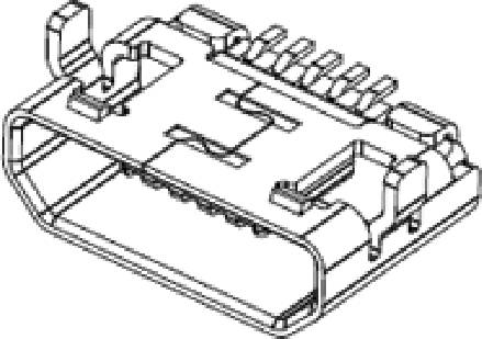 Disegno tecnico di un connettore rettangolare con più pin di contatto e due clip laterali.
