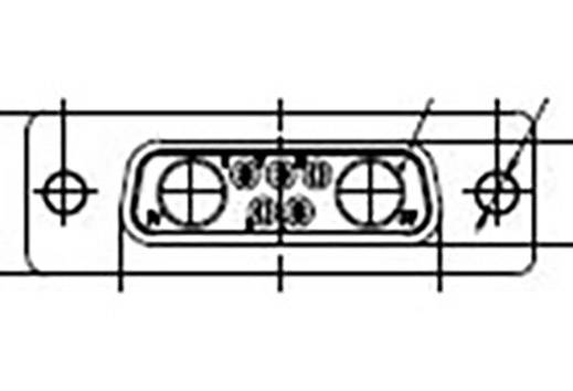 Disegno tecnico di un connettore rettangolare con fori centrali e linee di indicazione delle dimensioni.