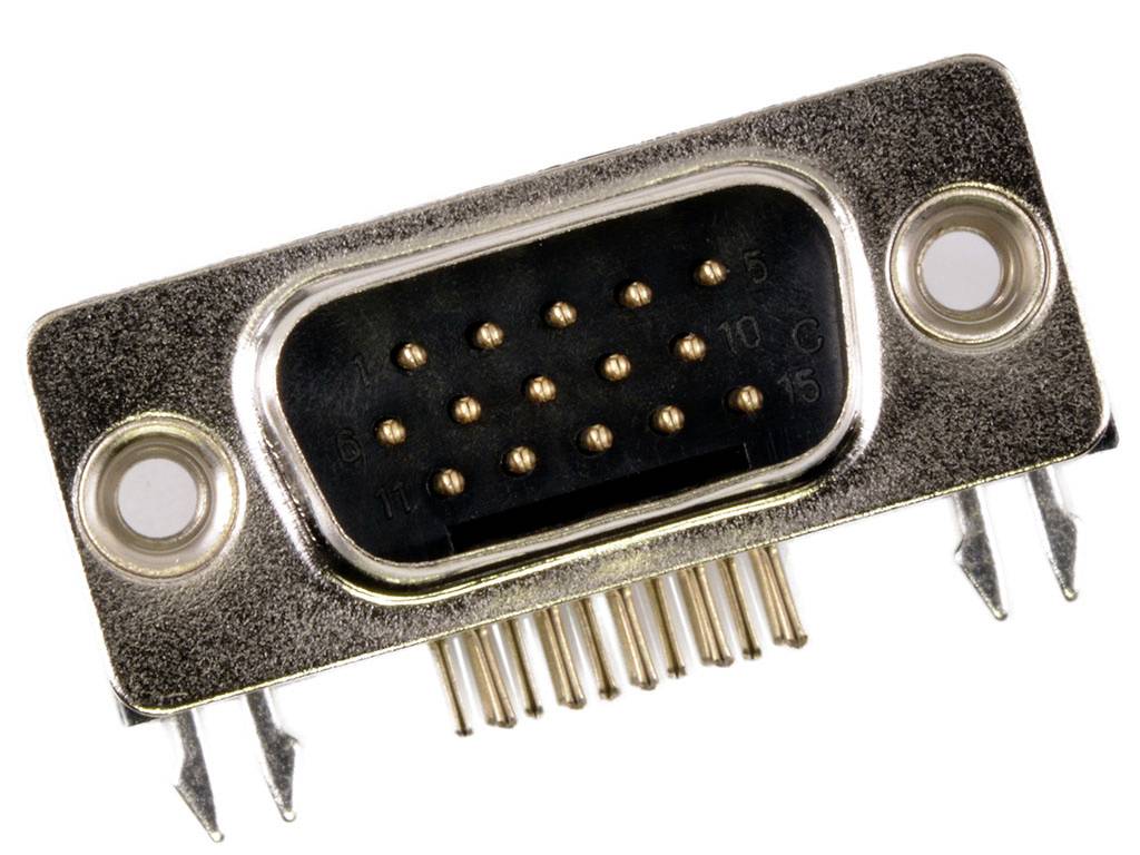 Un connettore DB15 con 15 pin disposti su tre file, comunemente utilizzato per connessioni video analogiche. Involucro metallico con fori di fissaggio.