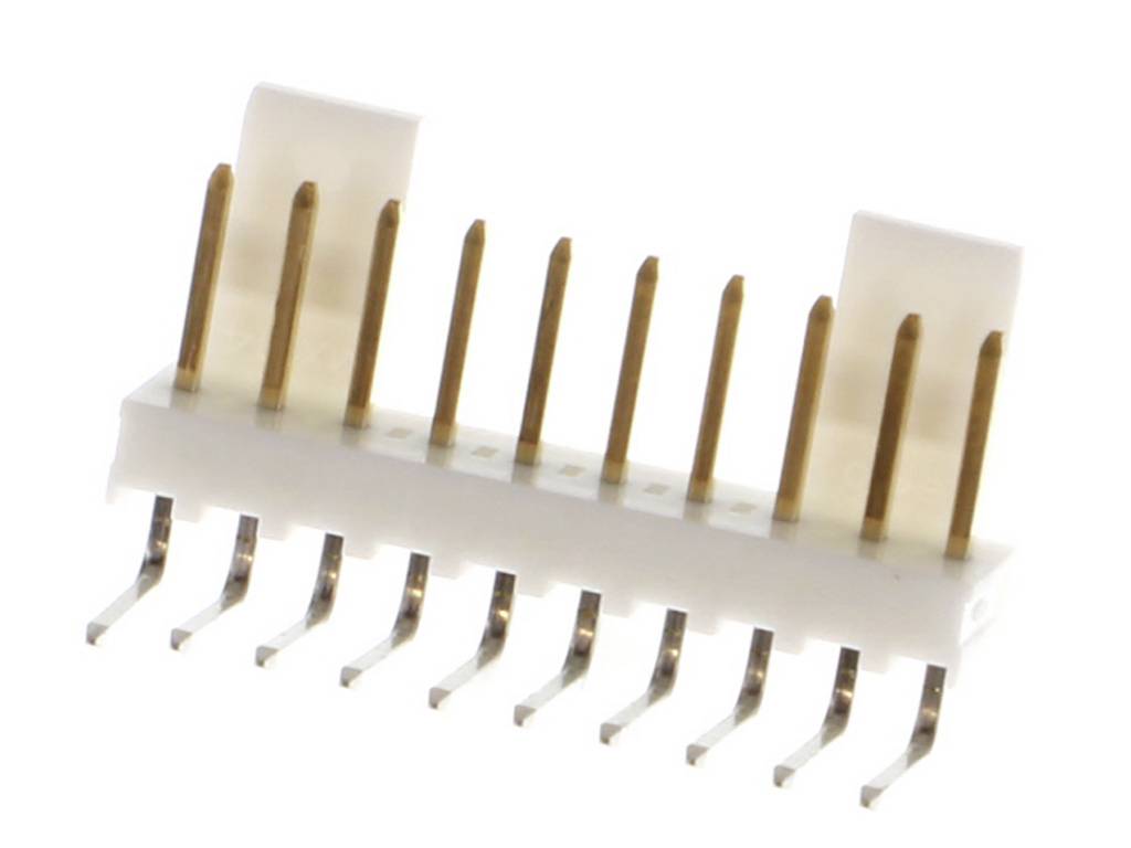 Un connettore elettrico bianco con dieci pin metallici, disposti in doppia fila. Utilizzato per circuiti elettronici.