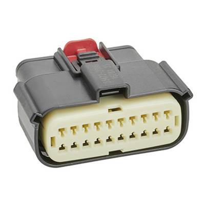 Connettore elettrico nero con nucleo giallo. Design rettangolare, con numerosi piccoli attacchi per cablaggi complessi.