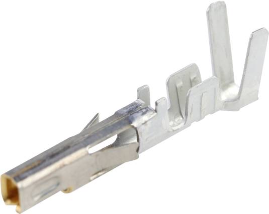 Spinotto metallico in argento, vista laterale. Lo spinotto ha più contatti curvi ed è adatto per connessioni elettriche.