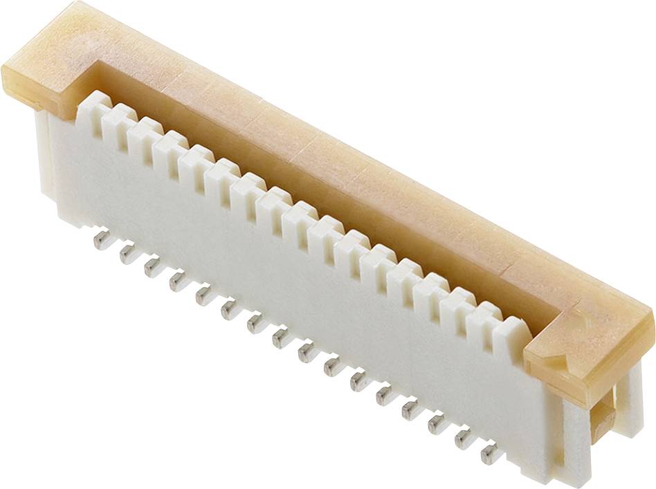 Un connettore bianco di forma rettangolare con più piedini metallici. Adatto per circuiti elettronici e dispositivi.