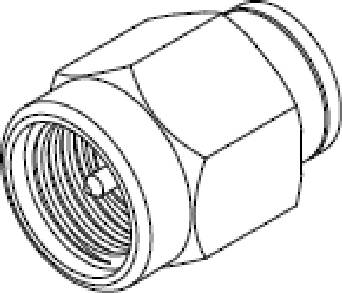 Disegno tecnico di un connettore metallico esagonale filettato, probabilmente un connettore coassiale, per connessioni di cavi.