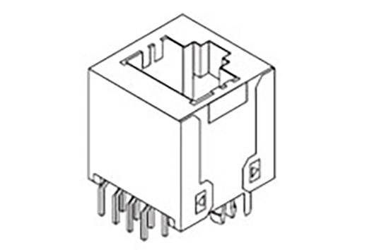 'Disegno di un modulo presa RJ45 con contatti saldabili per montaggio su scheda, idoneo per connessioni Ethernet.'