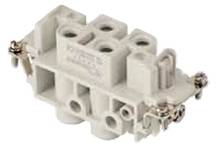 Connettore grigio multipolare con morsetti a vite. Dispone di diversi attacchi circolari ed è adatto per connessioni elettriche.