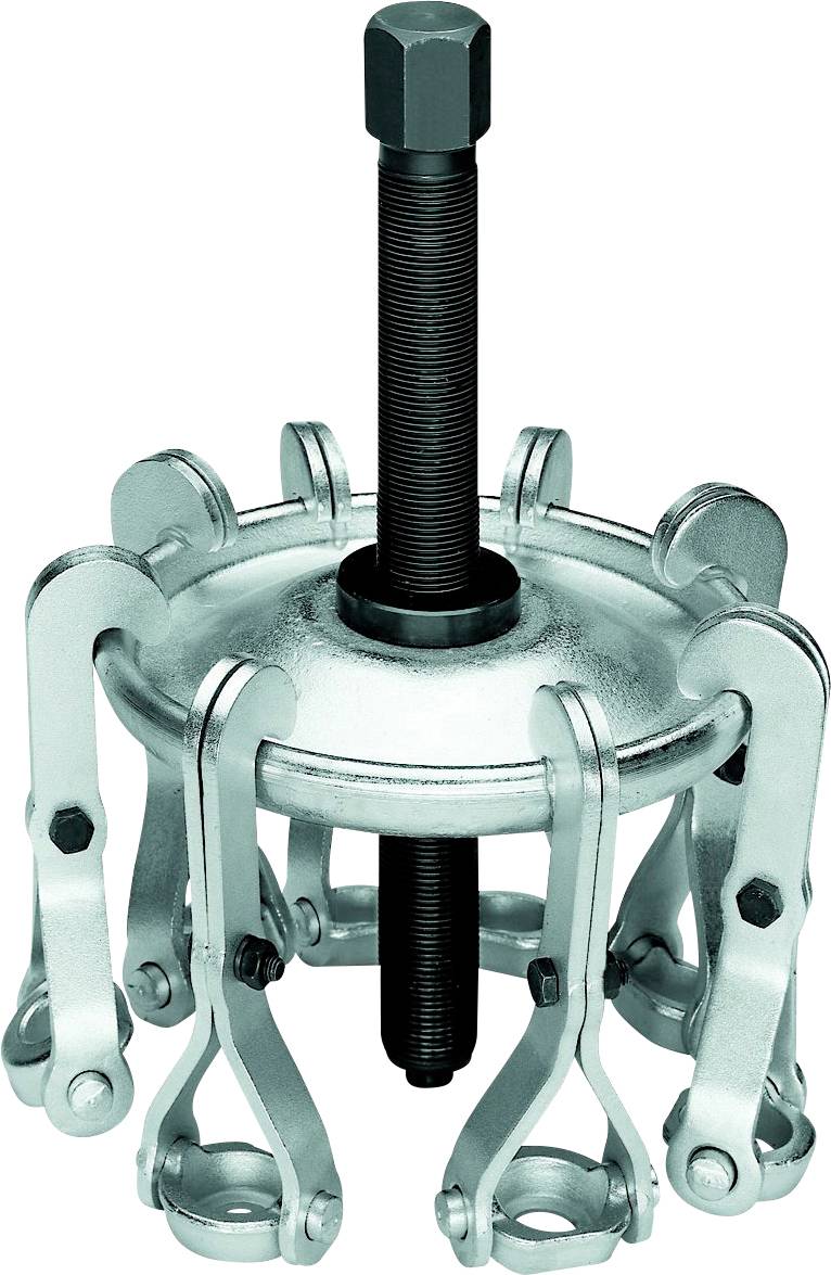 Un estrattore metallico, composto da più bracci e un bullone centrale, utilizzato per rimuovere componenti bloccati, come cuscinetti.