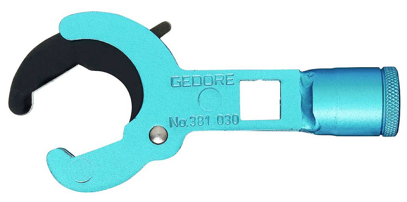 Una chiave ad uncino verniciata di blu con la scritta 'GEDORE No. 381 030', utilizzata per lavori su connessioni a vite, su sfondo bianco.