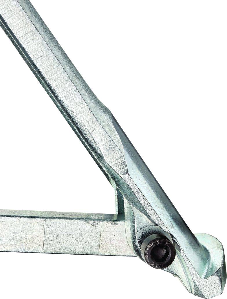 Primo piano di un componente del timone di una bicicletta in metallo color turchese, con una visione chiara della vite e della struttura del timone.