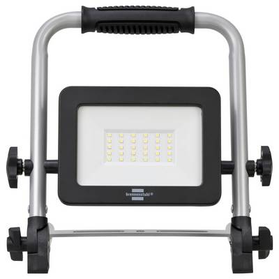 Lampada da lavoro LED portatile con manico argentato e telaio nero regolabile su supporto, mostrata in vista frontale su sfondo bianco.