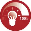 Indicatore circolare rosso con un'icona di lampadina e tacche di scala, che mostra 0% a sinistra e 100% a destra con l'ago posizionato al 100%.