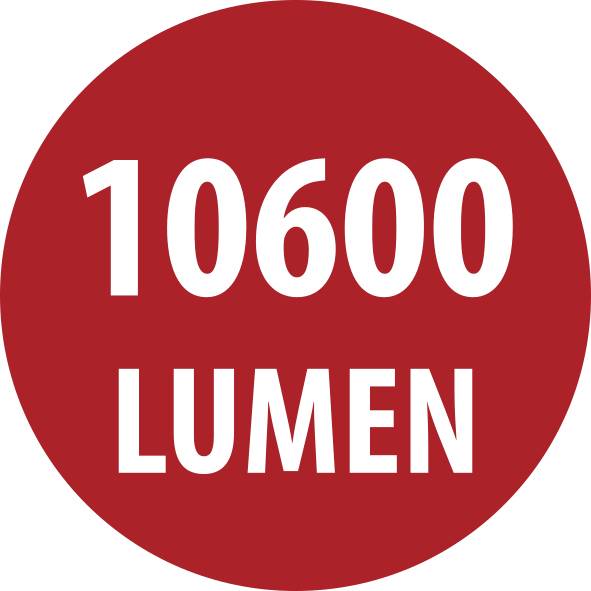 Distintivo circolare rosso con testo bianco "1060 LUMEN", che indica l'output di luminosità.